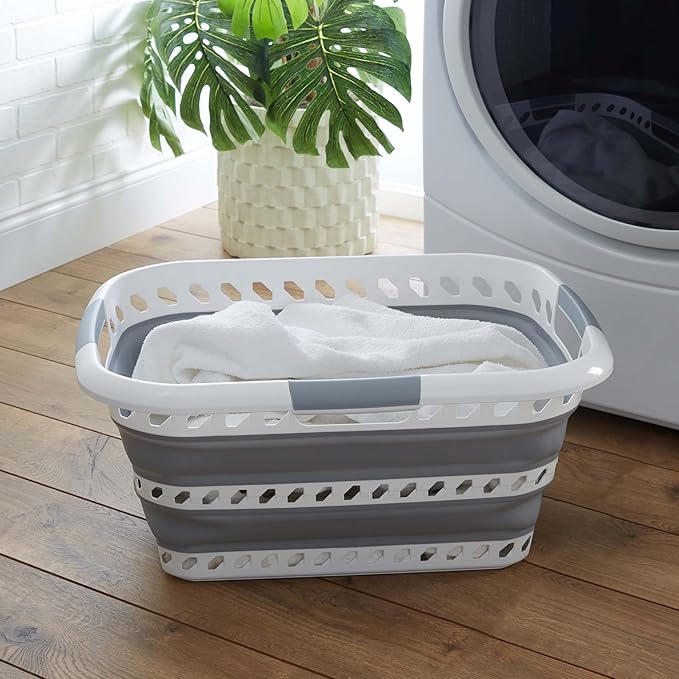 Collapsible Laundry Basket | Portable | Space Saver Storage | Hold 2 Loads | Store Under the Bed or Closet | Good for Kids | Dorm | Bedroom | Large | White/Grey