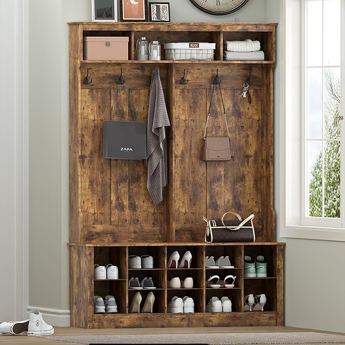 Hall Tree with Bench and Shoe Storage, 53" Farmhouse 4-in-1 Mudroom Storage Organizer with Coat Rack, 6 Hooks, 12 Shoe Cubbies, Adjustable Shelf, for Entryway, Hallway, Living Room, Brown