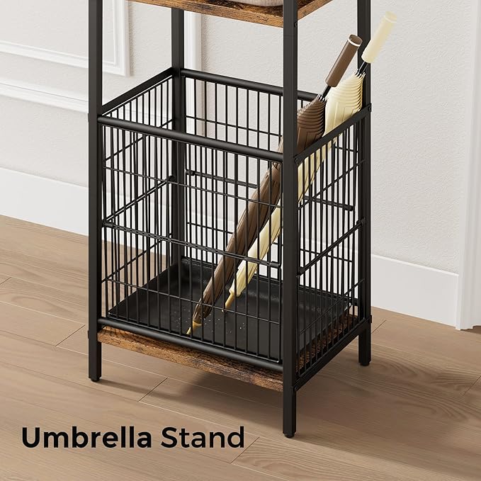 Coat Rack Freestanding with Umbrella Holder, Coat Stand with 2 Shelves and 7 Hooks, Hall Tree, Clothes Rack Stand Organizer for Hallway, Entryway, Living Room, Rustic Brown and Black