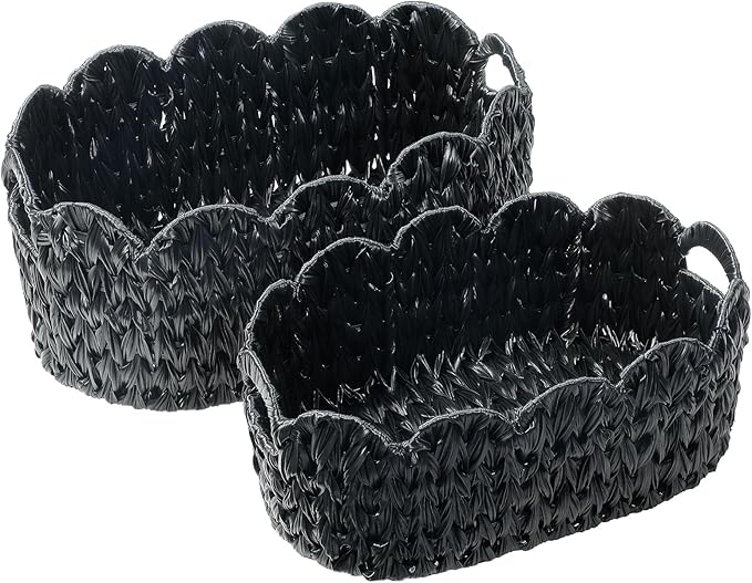 Wicker Scalloped Basket Set of 2,Woven Storage Baskets for Shelves,Closet,Laundry,Gift,Towels,Books,Toys,Waterproof Decor Basket for Organizing,Black Oval