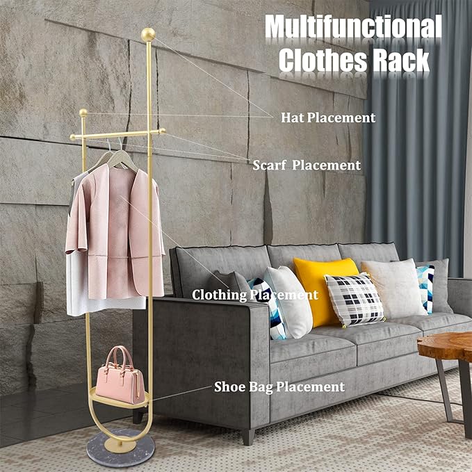 DYRABREST Modern Garment Rack With Clapboard and Clothing Rack With Marble Base Gold Clothing Coat Rack Freestanding for Home Bedroom(Gold Black)