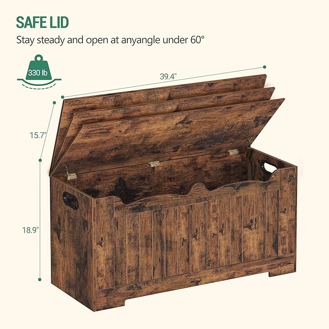 39.4" Storage Chest, Storage Bench Trunk with 2 Hinge, Wooden Box, Lift-Top Chest Organizer, Shoe Bench for Entryway, Bedroom, Living Room, Rustic Brown SB01001X