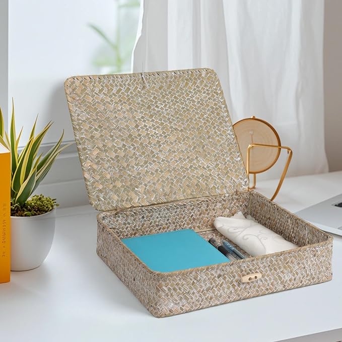 Flat Wicker Shelf Baskets with Lid, Seagrass Woven Basket Boxes for Storage Basket Bins Multipurpose Home Decor Organizer (Whitewash Set of 2)