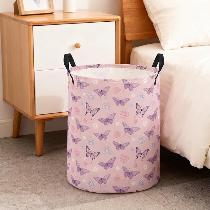 ESSME Kids Laundry Basket,Butterfly Hamper Collapsible Canvas Waterproof Storage Bin for Boys, Cute Hamper,Gift Baskets(Pink butterfly)