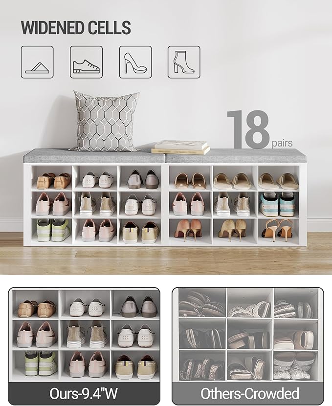 Shoe Storage Bench with Cushion, Entryway Storage Bench with 18 Cubbies, 9.5" Widened Organizer Cabinet, Long Cubby Rack for Living Room, Bedroom, Entryway, White SB25703GY