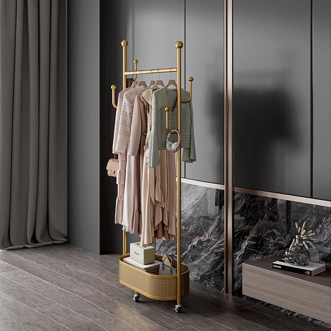 Multifunctional coat rack with storage basket 360° movable rotation｜Bedroom and living room storage artifact｜Hanging clothes/hats/bags/scarves｜Space-saving and stylish home｜Home essential