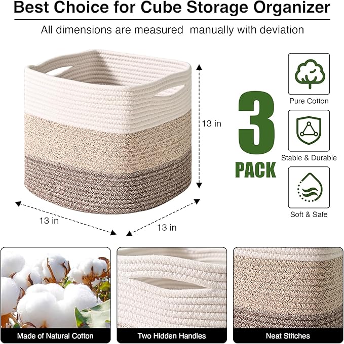 13 Inch Cube Closet Storage Bins, Woven Cotton Rope Organizer Baskets for Organizing & Shelves, Books, Towels, Clothes, Toys, 13x13x13 in, Gradient Brown (Pack of 3)