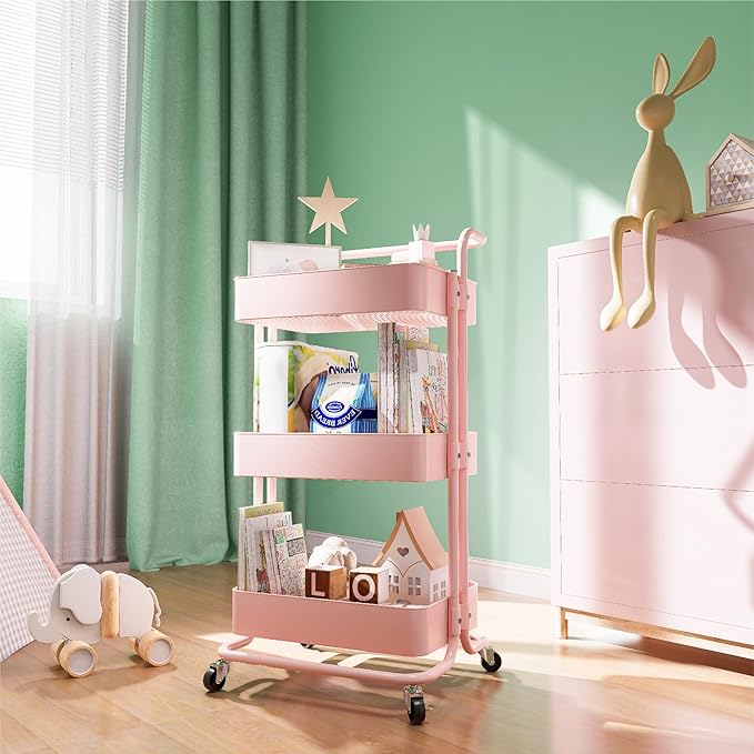 Metal Rolling Storage Cart, 3-Tier Utility Cart with Wheels, Multifunctional Organizer Storage for Kitchen, Bedroom, Office, Laundry Room, Dorm Room Essentials (Pink)