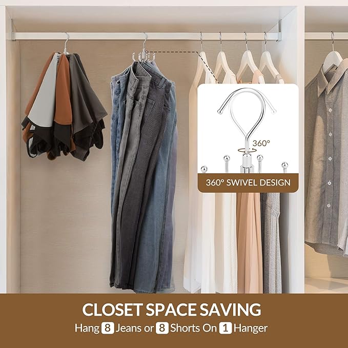 ZEDODIER 2 Pack Jean Hangers Jeans Organizer for Closet, Rotatable Sturdy 16 Hooks Jean Holder, Metal Space Saving Closet Organizers and Storage, Silver
