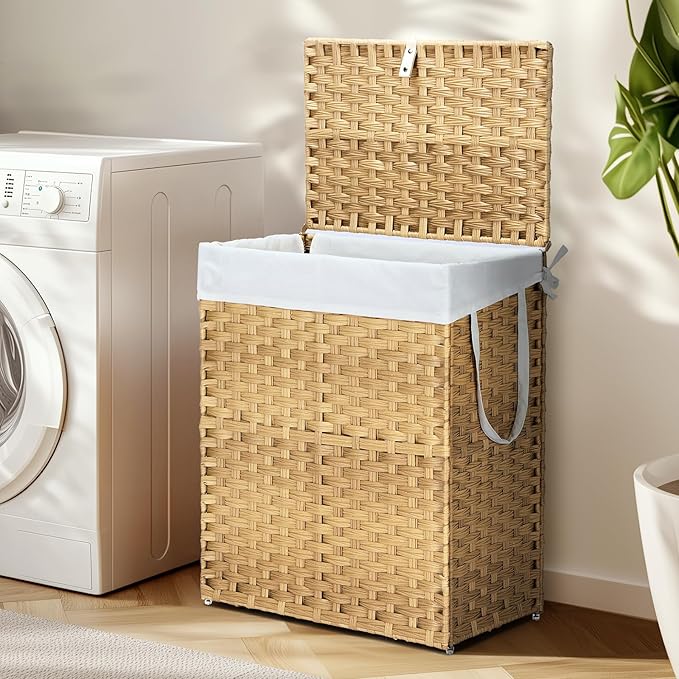 NEWBULIG Foldable Laundry Hamper with Lid, 23.8 Gallon (90L) Large Capacity Clothes Basket, Double Insert Storage Organizer Bin for Bedroom, Bathroom & Laundry Room, Yellow