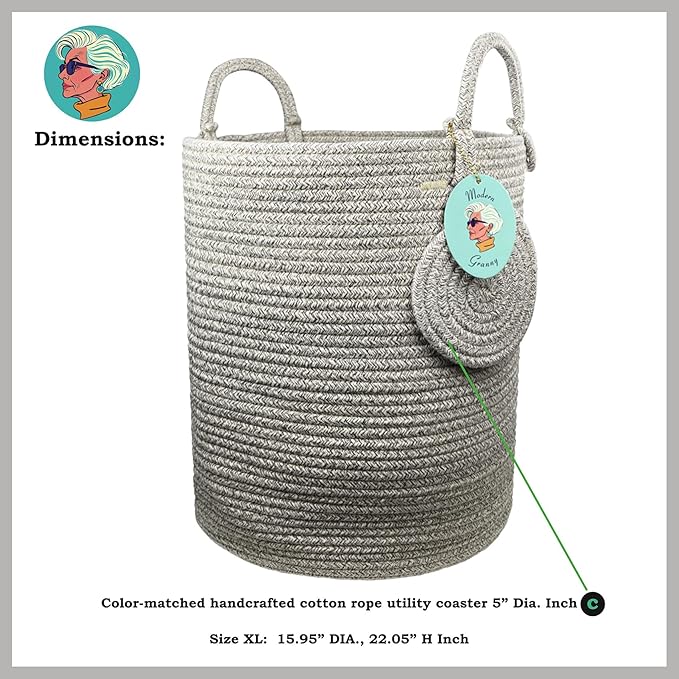 Modern Granny Extra Large Cotton Rope Laundry Hamper 16x22 Inch Dual Secure Woven Handle for Living Room Closet Clothes Blanket Organization