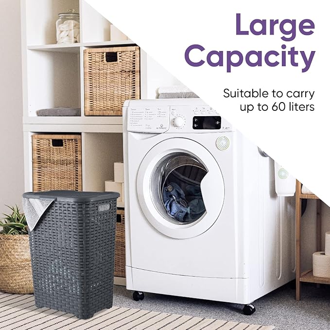 Plastic Laundry Hamper with Lid 3 Pack Laundry Hamper Basket, Grey Tall Cloths Hamper Organizer with Cut-out Handles. Space Saving for Laundry Room Bedroom Bathroom, Wicker Design 60 Liter