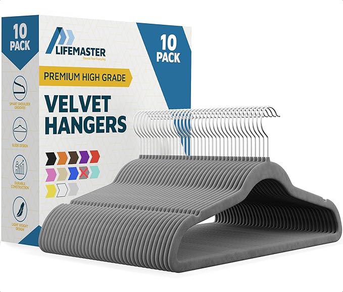 Lifemaster Velvet Clothes Hangers – with 360 Degree Swivel Hook and Non-Slip Shoulder Notch, Holds Up to 10 lbs, Heavy Duty Hanger Set, for Organizing Suit, Dress, Coat, and Clothes, Pack of 10, Gray
