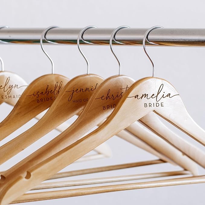 Set of 5, Personalized Bridesmaid Hanger, Wedding Hangers Custom w/Name & Title - Natural Wood - 2 Color Options, Bridal Dress Hanger