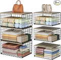 Extra-Long, Low-Profile Closet Organizers and Storage with Wood Top, 3 Pack Stackable Closet Shelf Organizer, Space-Saving Clothes Storage Bin for Wardrobe & Bedroom & Small Spaces, Sturdy Metal Black