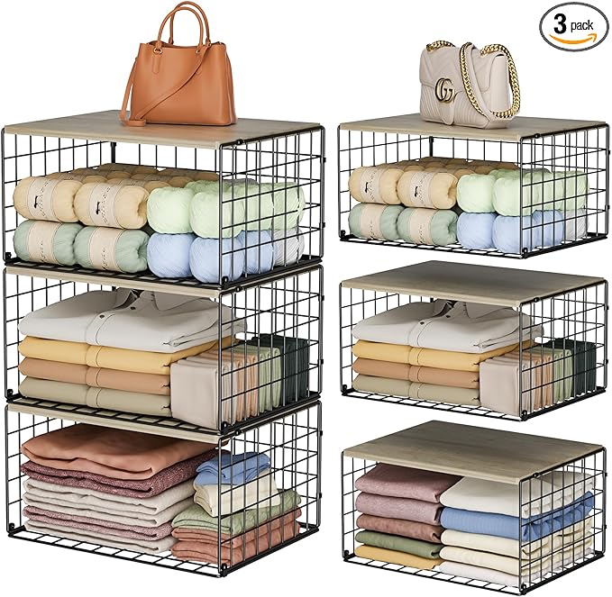 Extra-Long, Low-Profile Closet Organizers and Storage with Wood Top, 3 Pack Stackable Closet Shelf Organizer, Space-Saving Clothes Storage Bin for Wardrobe & Bedroom & Small Spaces, Sturdy Metal Black