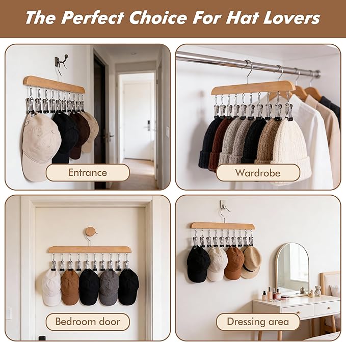 Hat Hangers for Closet, 3 Pack Hat Organizer Hanger with 10 Adjustable Stainless Steel Clips, Cap Organizer for Closet, Hats Holder for Ball Caps & Accessories