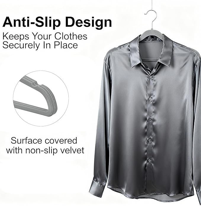 Velvet Hangers 50 Pack, Non Slip Clothes Hanger Felt Hanger with Pants Bar, Premium Quality Slim Space Saving Suit Hangers for Closet Organizer, Heavy Duty Coat Hanger, 360° Rotating Hook(Gray)