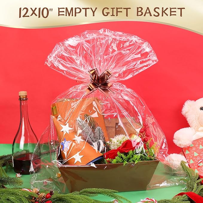 6PACK Baskets for Gifts Empty, 10x12”Thick Brown Gift Basket with Handles 6 Bows 6 Bags Empty Gift Baskets for Christmas Thanksgiving Wedding Birthday Party Wrapping Gift