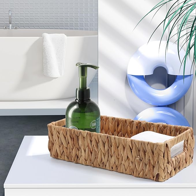 Wicker Storage Baskets with Handle Water Hyacinth Basket for Organizing Decorative Storage Bins for Countertop Toilet Tank Boho Rectangular Home Organizer (Natural, 15.9" x 6.8" x 4.1")