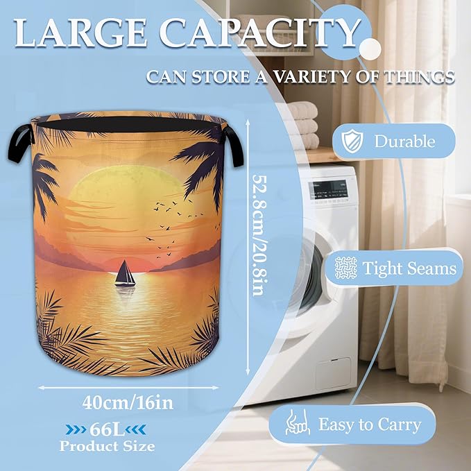 Tropical Palm Laundry Basket,Sunset Sea Beach Laundry Hamper, Collapsible Clothes Toy Storage Bin for Bathroom Bedroom Room Decor 16" X 20.8"