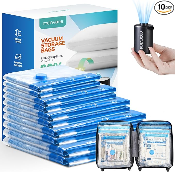 Vacuum Luggage Storage Bags with Cordless Electric Portable Pump, Double Zipper Sealed Space Saver Bag, Compression for Clothes, Bedding and Travel Essentials（10 Pack Travel Comb）