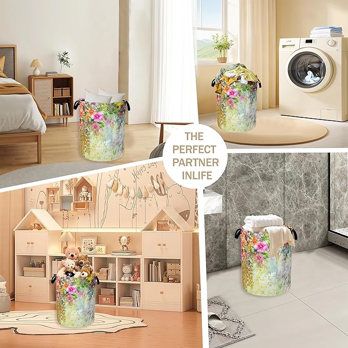 Laundry Hamper,Spring Flowers Laundry Basket,Colorful Floral Portable Collapsible Laundry Room Organization Storage for Dorm Room,Nursery,Bathroom,Bedroom,16x20 Inch