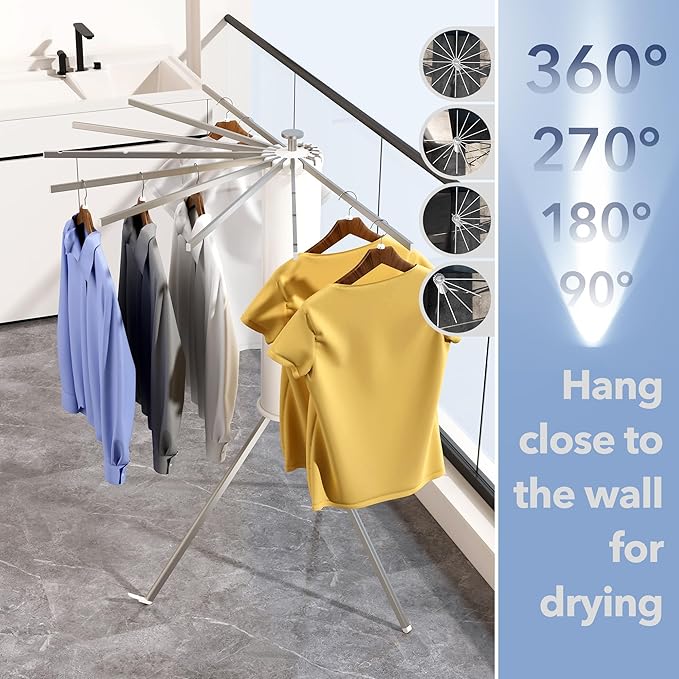Tripod Clothes Drying Rack, Laundry Drying Rack for Clothing, Foldable Collapsible Space-Saving Umbrella Dryer with 16 Rods, Floor Standing Rack for Indoor Outdoor Use, Aluminum