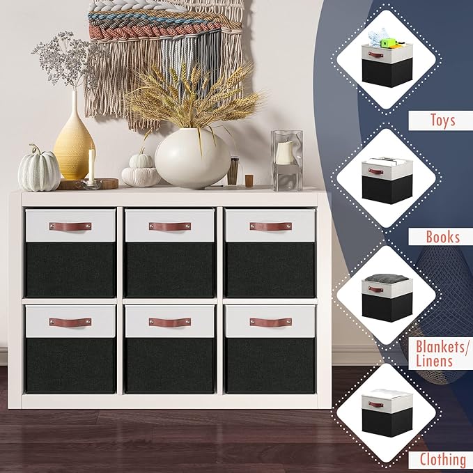 Ornavo Home 13 x 15 x 13 Kallax Storage Cube Bins, Foldable Collapsible Fabric Storage Bins Box Linen Shelf Basket Cube Organizer for Closet with Leather Handles, 6 Pack, White/Black