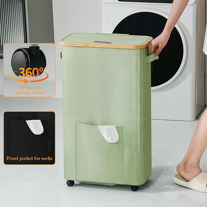 Laundry Basket with Wheels, Dirty Clothes Hamper on Wheels, Rolling Tall Laundry Hamper with lid for Laundry Room, Dorm and Bathroom, 75L Sage Green