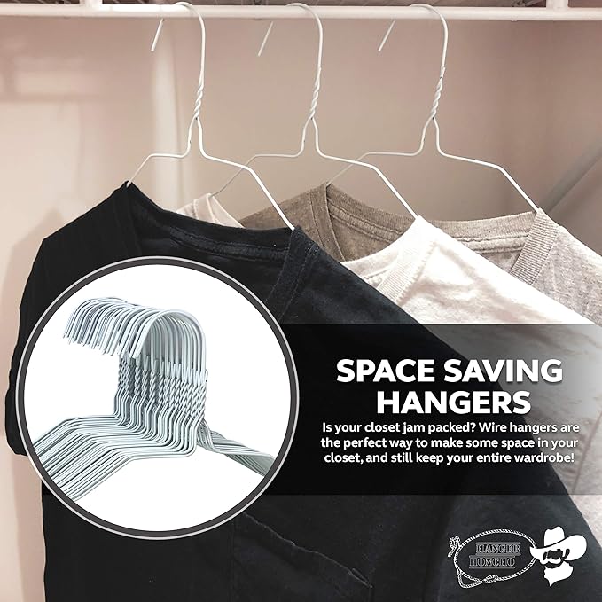 Wire Metal Clothes Hangers 200 Pack for Standard Size Shirts, Pants, Skirts, Space Saving, Non Slip,18 Inch 14.5 Gauge Ultra Thin Standard Dry Cleaner Coated Steel (200, White)
