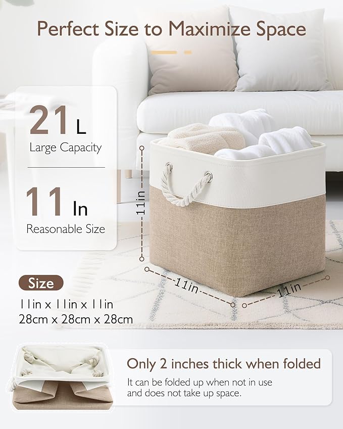 11 Inch Cube Storage Bins, 6 Pack Fabric Storage Cubes with Rope Handles, Organizer Baskets for Closet Shelves, Clothes and Home Organization(White/Khaki)