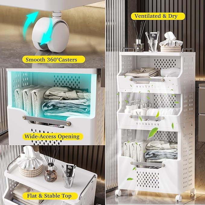 Laundry Basket with Wheels,Folding Laundry Hamper,utility cart,Kitchen storage Cart,Stackable Laundry Basket Holder,Rolling Dirty Clothes Hamper,Plastic laundry room organization (2 Large-Tier)