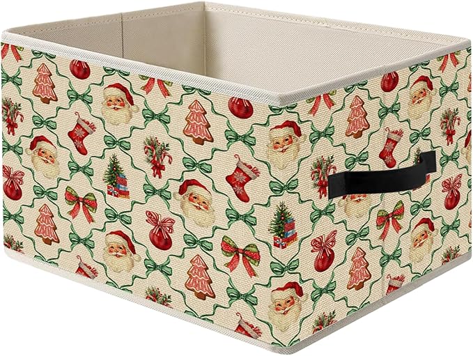 Red and Green Coquette Bow Santa Trellis Christmas Storage Bins, Gingerbread Stocking Tree Holiday Foldable Closet Organizers Storage Basket Toybox for Clothes Bed Sheets Blankets Toys