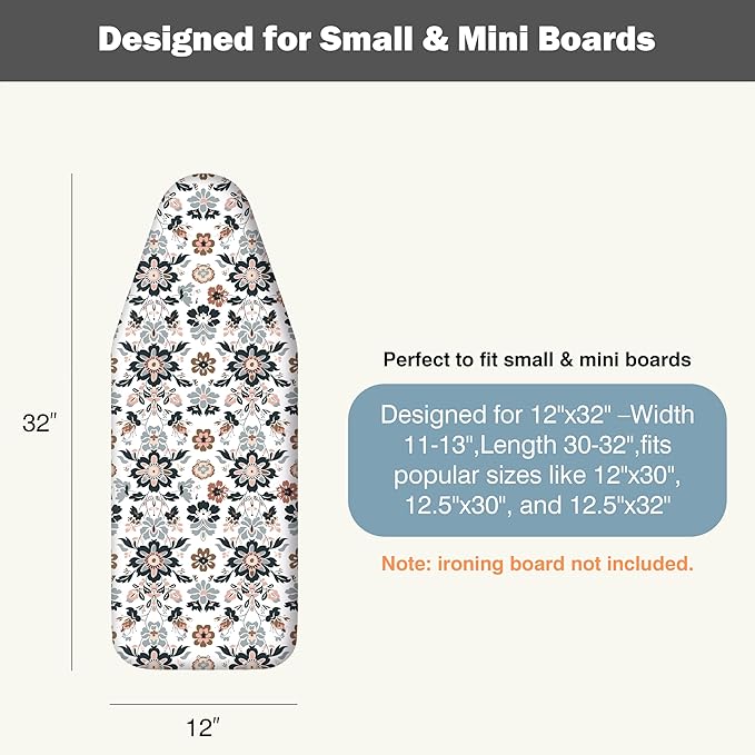 Small Ironing Board Cover and Pad 12.5"x30" Small Iron Board Cover with Padding,Tabletop Mini Ironing Board Cover and Pad Small Size, Cotton Canvas, Heat Resistant, Drawstring Floral