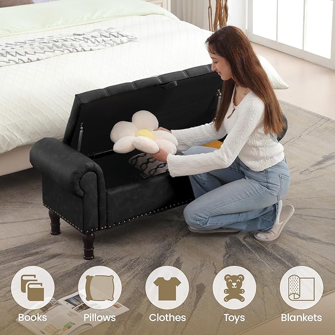 YOUDENOVA 51” Storage Bench with Rolled Arms, Upholstered Bed Bench with Vintage Rivets, PU Leather Bench for Bedroom End of Bed, Living Room, Entryway, Black