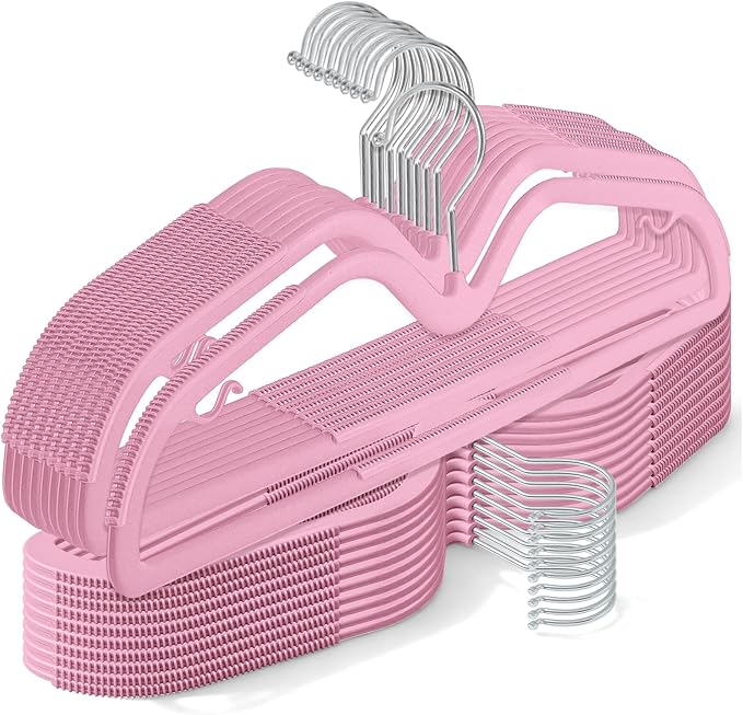 LemonRoad 50 Pcs Upgraded Plastic Short Neck Hangers, Anti-Slip Space Saving Hangers with 360 Swivel Hooks for Clothes, Smooth, Not Velvet (Rose Pink)