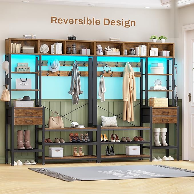 Itaar Hall Tree with Bench and Shoe Storage, 7-in-1 Entryway Bench with Coat Rack, 3 Storage Cubbies, 3 Open Shelves, 17 Coat Hooks, 2 Fabric Drawers (Rustic Brown)