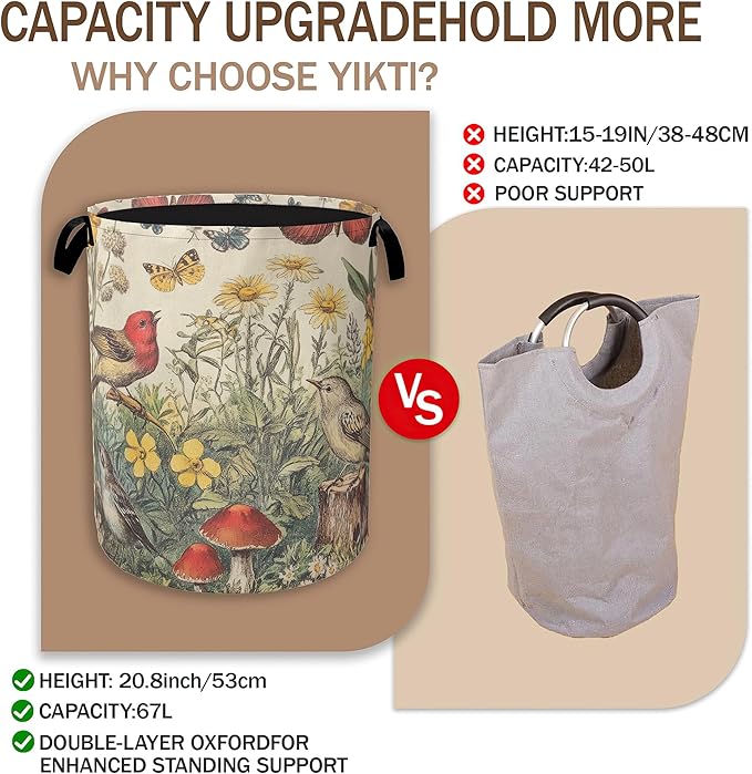 Collapsible Laundry Basket,Vintage Flower Bird Dirty Clothes Hamper,Rustic Butterfly Mushroom Hampers for Bedroom Waterproof Oxford Cloth Storage Organizer for Bathroom,Nursery,Dorm,16x20 Inch