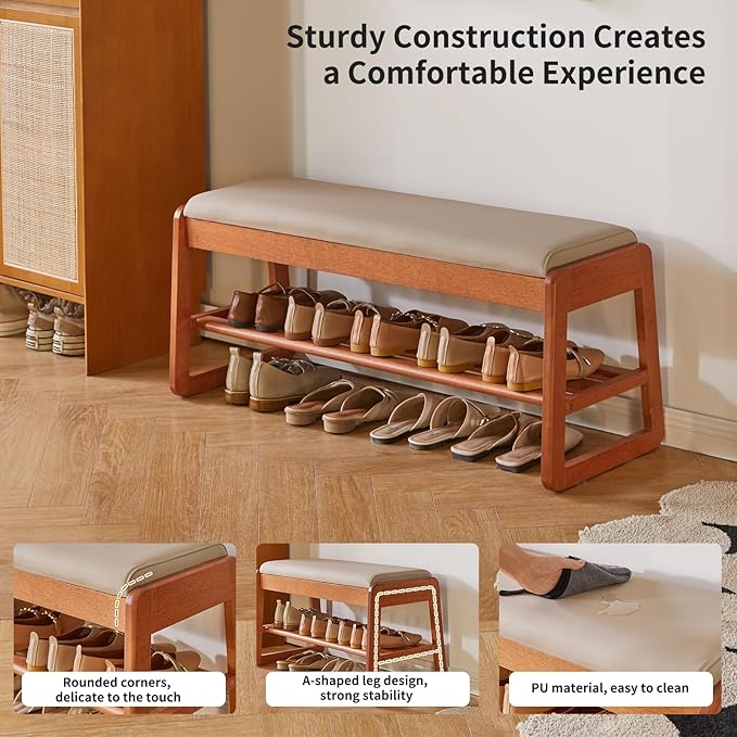 Wood Shoe Bench with Flip-Top Storage, 2 Tier Entryway Shoe Bench, 39.37in Shoe Rack with Cushion for Living Room, Cherry Wood Color YD-WD062C