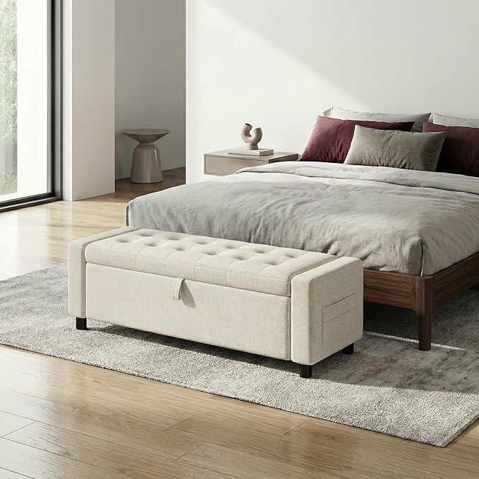 Amada 46" Storage Ottoman Bench with Safety Hinge, Hidden Compartment & Side Pocket - Upholstered End of Bed/Entryway Bench for Bedroom & Living Room, 400 lbs Weight Capacity, Beige