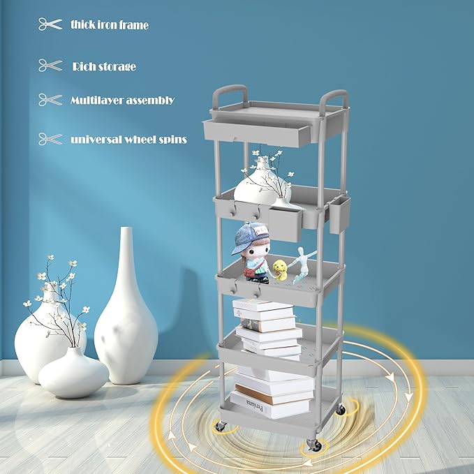 5 Tier Rolling Utility Cart with Drawer,REBECAT Utility Cart Made of Multifunctional Storage Organizer Tool for Kitchen,Bathroom,Living Room,Office(Gray)