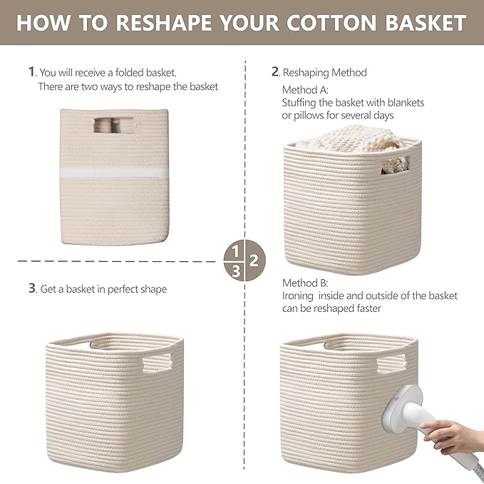 UBBCARE Set of 4 Storage Basket-12 X 12 X 12 in, Cotton Rope Baskets for Shelves, Toys, Book, Cube Storage Bins with Handles, Woven Storage Basket for Organizing, Beige