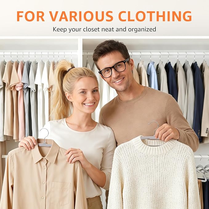 Yolife Plastic Clothes Hangers 50 Pack with Non-Slip Pads, 17.5" L × 8.3" H Heavy Duty Hanger with 360° Swivel Metal Hook, Slim Space Saving Hangers for Closet Organizer, Gray & Orange