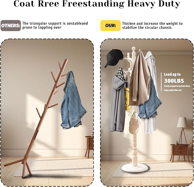 Solid Wood Coat Rack Freestanding Coat Tree with 18 Hooks, 3 Adjustable Height Sturdy Coat Racks Tree for Coats, Hats, Bags, Vintage Wood Coat Tree Hanger Stand for Living Room,Entryway,Office
