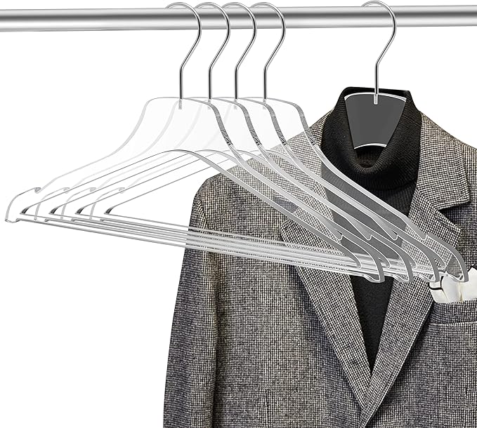 Quality Acrylic Clear Lucite Hangers 5-Pack with Bar Chrome Hooks for Clothes, Pants, Suit Jackets, Coats, and Shirts, Closet and Wardrobe Organization (Chrome/Gloss Silver Hook, 5)