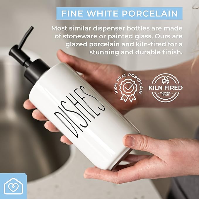 Heartland Home Porcelain 16oz Kitchen Soap Dispenser. Detergent Dispenser or Dish Soap Dispenser for Kitchen Sink. White Soap Dispenser, Modern Farmhouse Decor Dish Soap Pump for Kitchen Organization