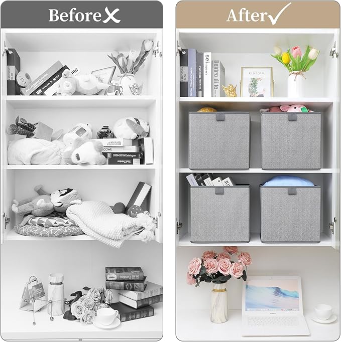 Storage Baskets, 11.8-Inch Woven Fabric Bins, Storage Cubes with Reinforced Handles, Organizer Bins for Closet Shelves, Foldable, for Toys, Clothes (4PCS/Grey-11.8*11.8*11.8inch)