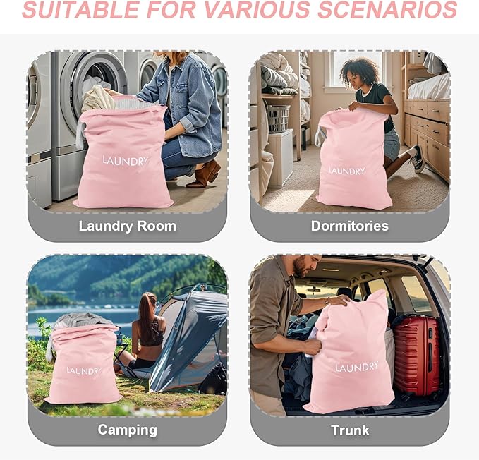 WiseBoy Laundry Bag, 23.6x35 inch Oversized Laundry Bags, Travel Laundry Bag Dirty Clothes Organizer, Nylon Wet Dry Storage Bag for College Dorm, Camping, Caravan, Pink