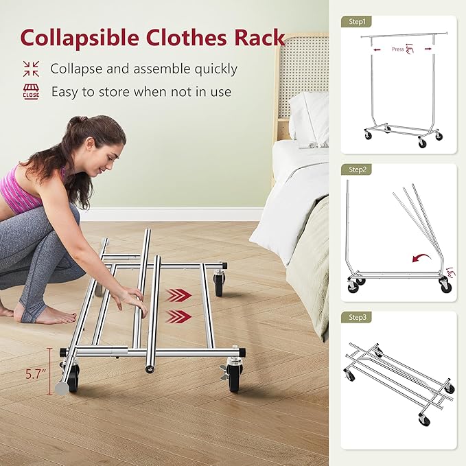 Tajsoon Clothing Rack Heavy Duty Clothes Racks Foldable Garment Rack with Wheels and Extendable Rod, Collapsible Clothing Rack Max Capacity 250lbs, Industrial Rolling Racks with Bottom Shelf, Chrome